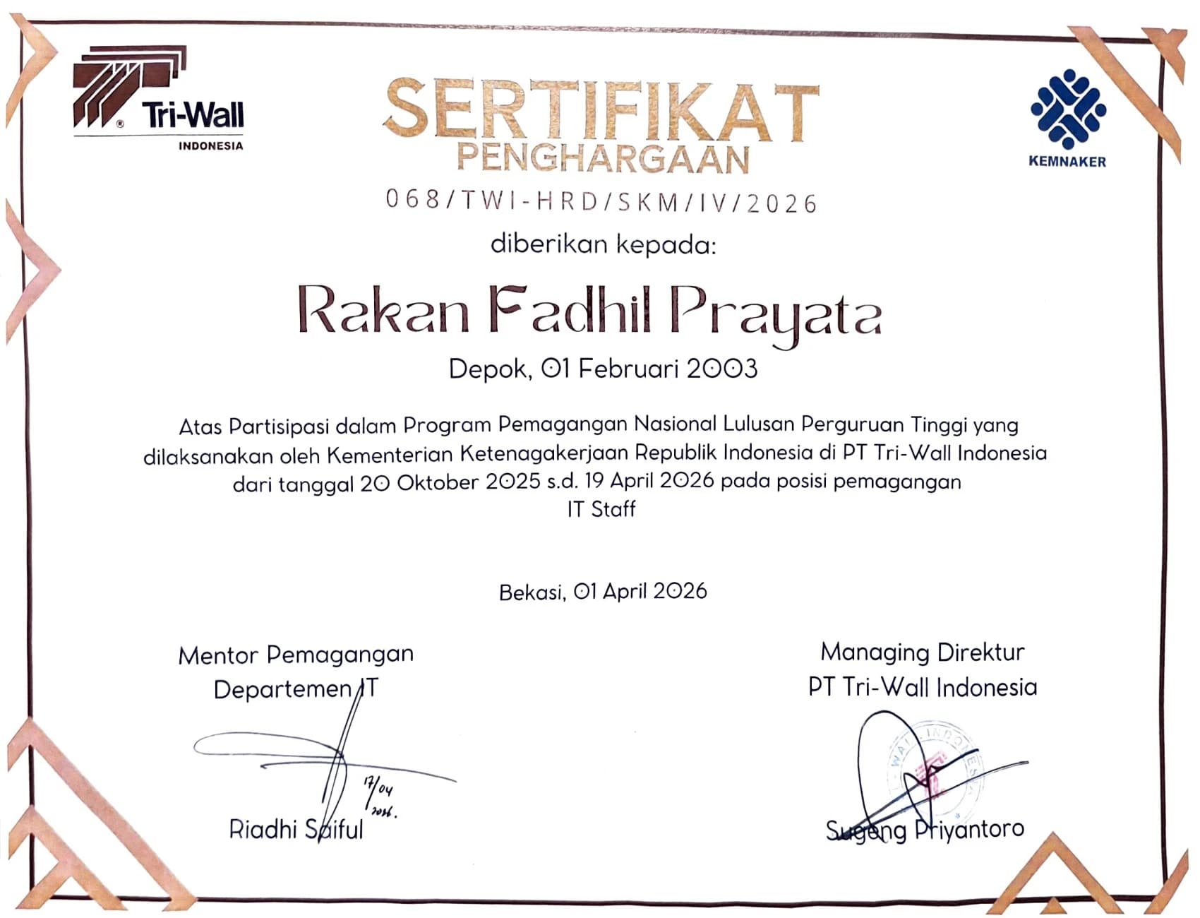 IT Staff Internship — Tri-Wall Indonesia